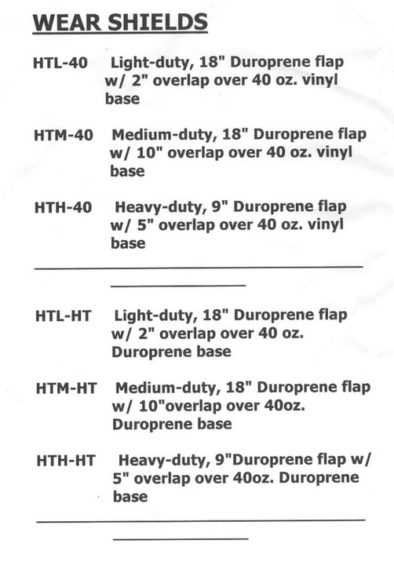 Wear shield specifications for the HTL-40, HTM-40, HTH-40, HTL-HT, HTM-HT, HTH-HT